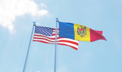 Moldova and USA, two flags waving against blue sky. 3d image