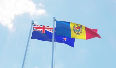 Moldova and New Zealand, two flags waving against blue sky. 3d image