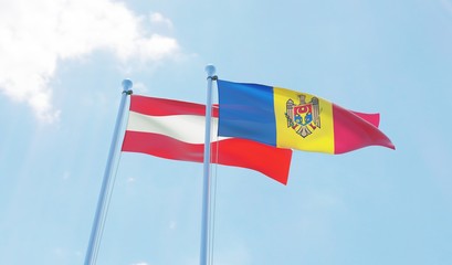 Moldova and Austria, two flags waving against blue sky. 3d image