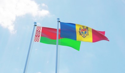 Moldova and Belarus, two flags waving against blue sky. 3d image