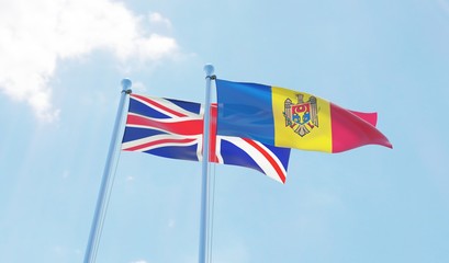 Moldova and UK, two flags waving against blue sky. 3d image