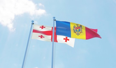Moldova and Georgia, two flags waving against blue sky. 3d image
