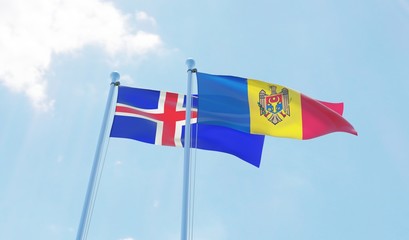 Moldova and Iceland, two flags waving against blue sky. 3d image