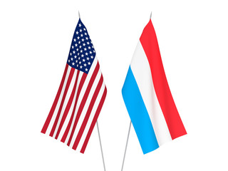 National fabric flags of America and Luxembourg isolated on white background. 3d rendering illustration.