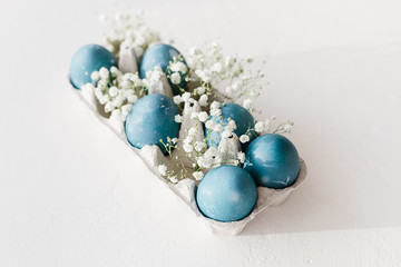 Blue natural colored easter eggs in tray with small white flowers baby breath gypsophila