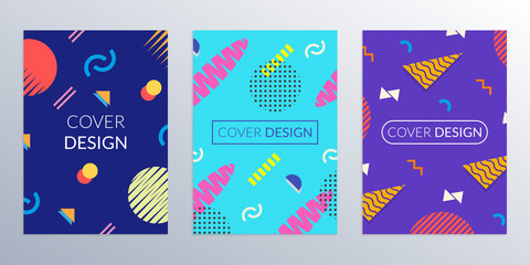 Fototapeta na wymiar Cover design template with abstract geometric background. Memphis style covers. Poster, banner, brochure colorful templates. Vector illustration.