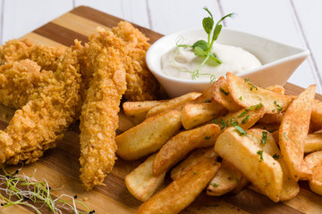 deep fried crispy chicken with fries and dipping sauce