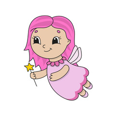 Cute fairy in a pink dress. Cute flat vector illustration in childish cartoon style. Funny character. Isolated on white background.