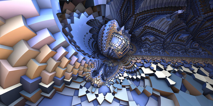 3D abstract landscape, escher style cube shapes arranged into organic spherical shapes, blue pastel colored illustration. Computer generated artwork, fractal recursive arrangement of shapes.