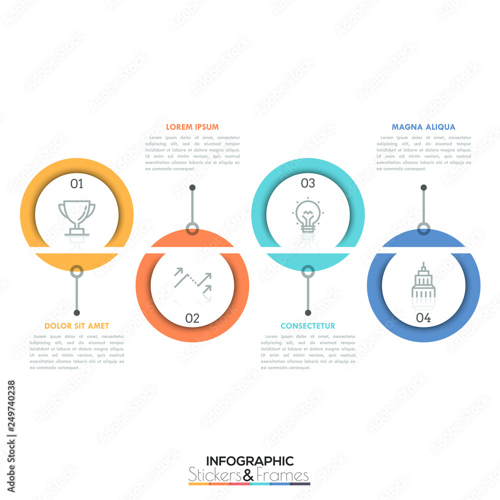Poster four colorful round elements connected with text boxes, thin line pictograms and numbers inside them