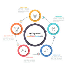 Five connected colorful circles with thin line symbols inside placed around central round element. Visualization of cyclic process concept. Simple infographic design layout. Vector illustration.