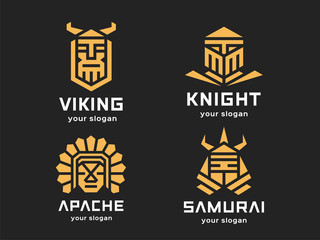Set of 4 vector logos. Abstract warriors. Linear style. Color version on a dark background.