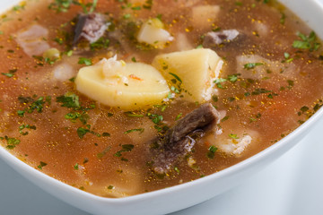 fresh tasty traditional stew soup in white bowl