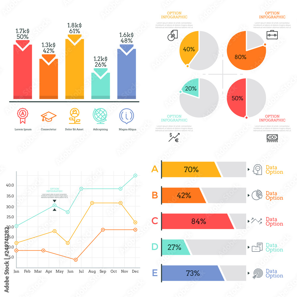 Poster collection of flat colorful diagram, bar and line graph, pie chart elements. statistical data visual