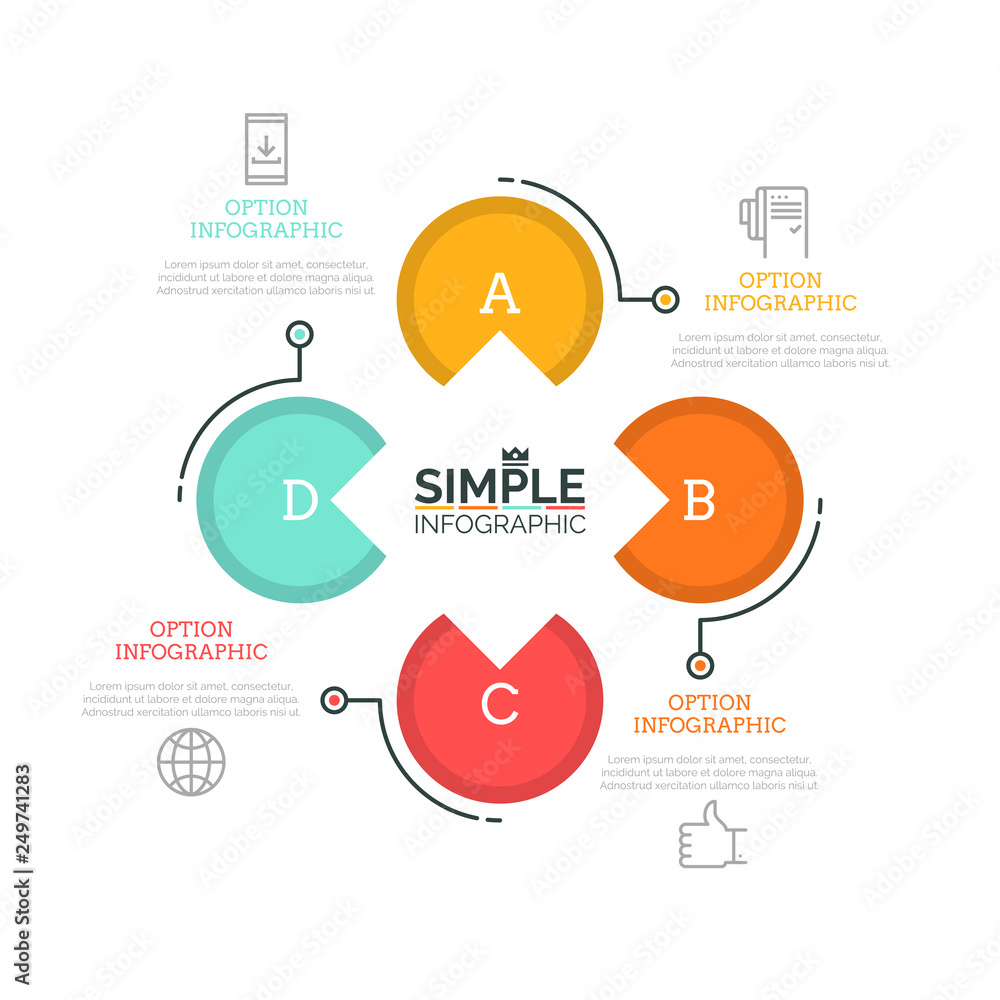 Poster flower petal diagram with 4 circular elements, thin line symbols and text boxes. four successive ste