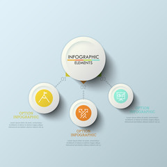 Fototapeta premium Workflow chart with 3 options, main round element connected with three thin line pictograms in circles. Unique infographic design template. Vector illustration for brochure, presentation, report.
