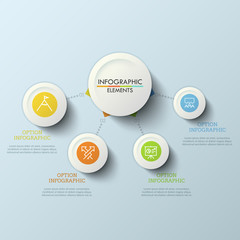 Fototapeta premium Workflow diagram, main circle connected with 4 round elements by dotted lines. Four steps to success concept. Creative infographic design template. Vector illustration for brochure, presentation.