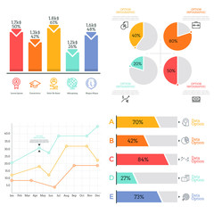 Collection of flat colorful diagram, bar and line graph, pie chart elements. Statistical data visualization concept. Simple infographic design template. Vector illustration for report, brochure.