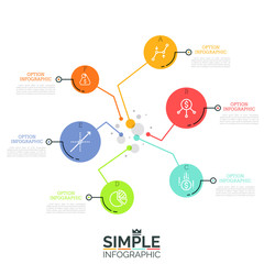 Six lettered round elements connected with center by lines. 6 features of business process concept. Simple infographic design template. Vector illustration for web banner, presentation, brochure.