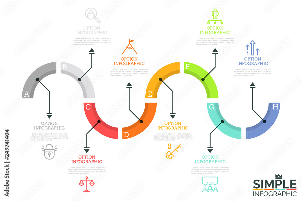 Aufkleber curved line divided into 8 lettered colorful sections connected with text boxes and thin line icons 
