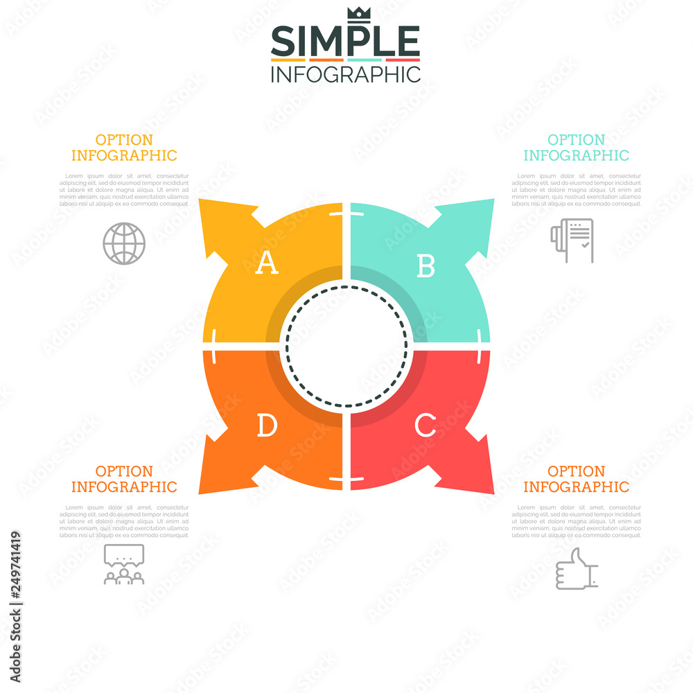 Poster pie chart divided into 4 sectors with arrows pointing at icons and text boxes. web interface element