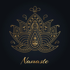 indian lotus with namaste word. Cute folk vector illustration on dark background