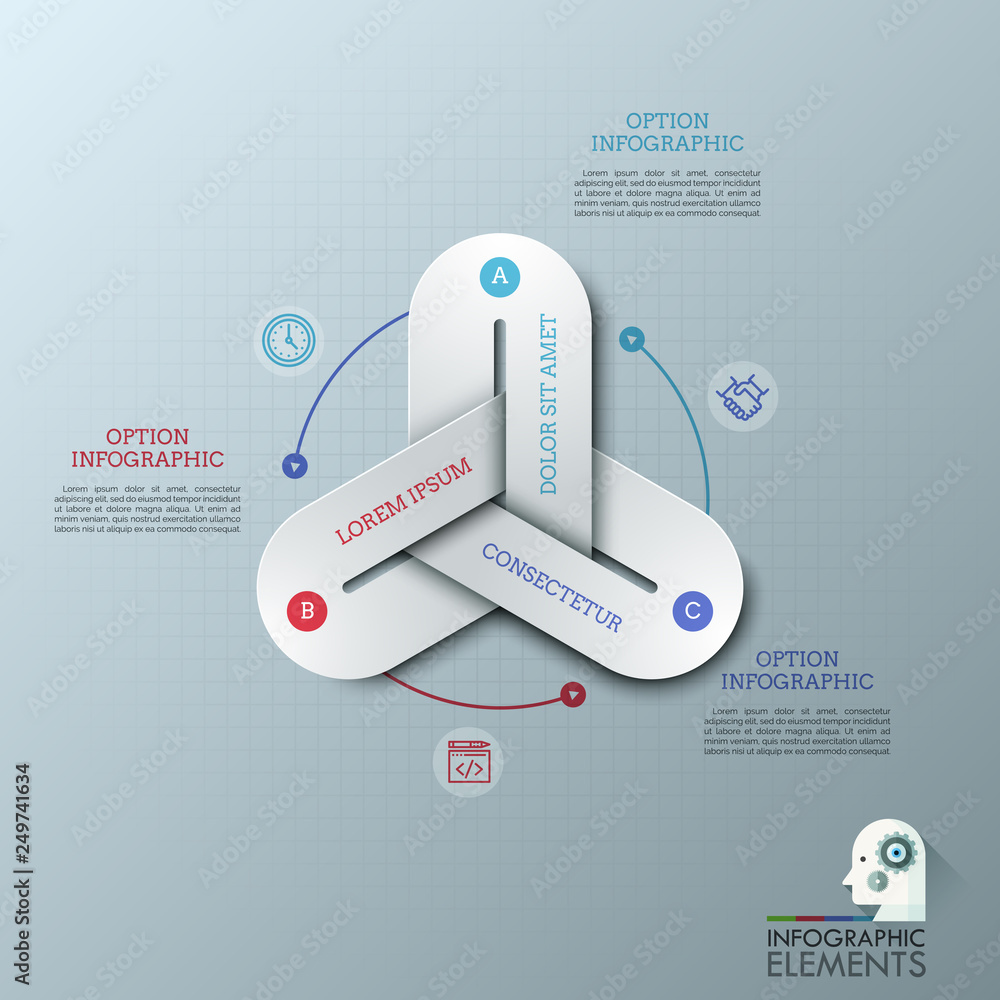 Poster modern infographic design templates with 3 colorful chain links connected together, thin line pictog