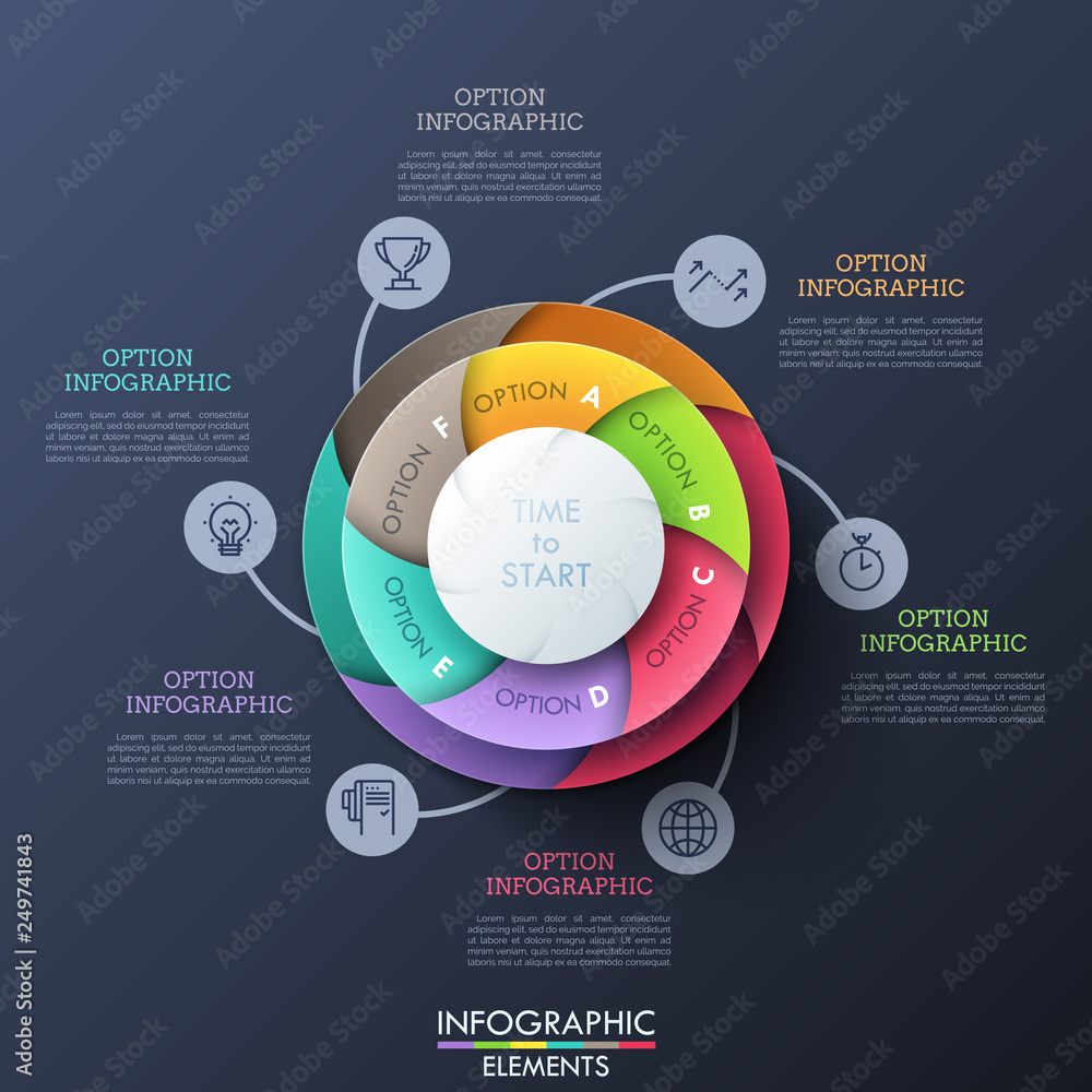 Poster circular diagram divided into 6 multicolored spiral sectors connected with thin line icons and text 