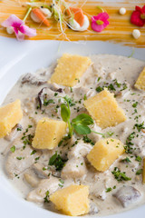 chicken with mushrooms sauce and polenta cubes in white table