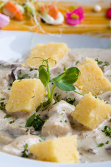 chicken with mushrooms sauce and polenta cubes in white table