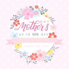 Fototapeta na wymiar Mothers Day special offer.Mothers Day - Hand painted lettering with floral elements,leaves and flowers. Mothers Day sale banner perfect for prints,flyers,cards,promos,holiday invitations and more.