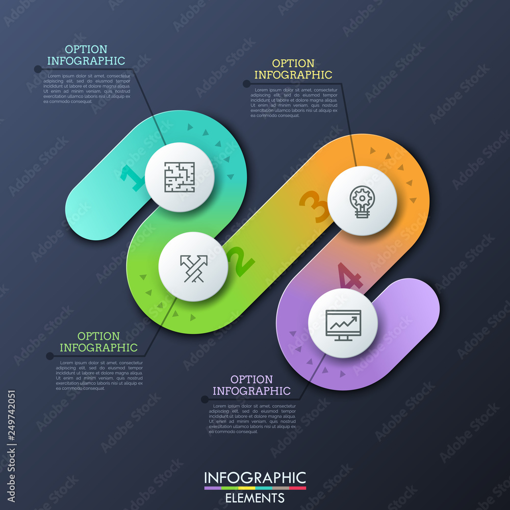 Poster modern infographic design template in shape of curved path with 4 numbered steps, thin line symbols 