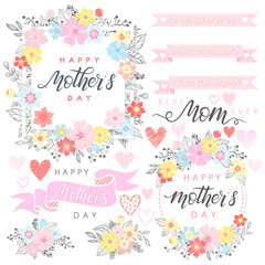 Fototapeta na wymiar Mothers Day typography.Collection of Mothers Day cute elements,hand painted lettering,bouquets,ribbons,hearts,leaves and flowers.Perfect for prints,flyers,cards,promos,holiday invitations and more.