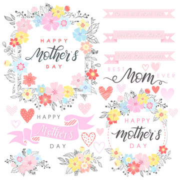 Mothers Day typography.Collection of Mothers Day cute elements,hand painted lettering,bouquets,ribbons,hearts,leaves and flowers.Perfect for prints,flyers,cards,promos,holiday invitations and more.