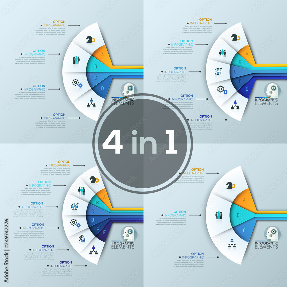 Poster collection of 4 fan charts with sectoral lettered elements, thin line icons and text boxes. features