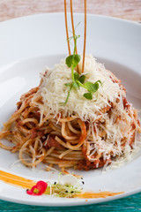 italian spaghetti amatriciana pasta on white plate