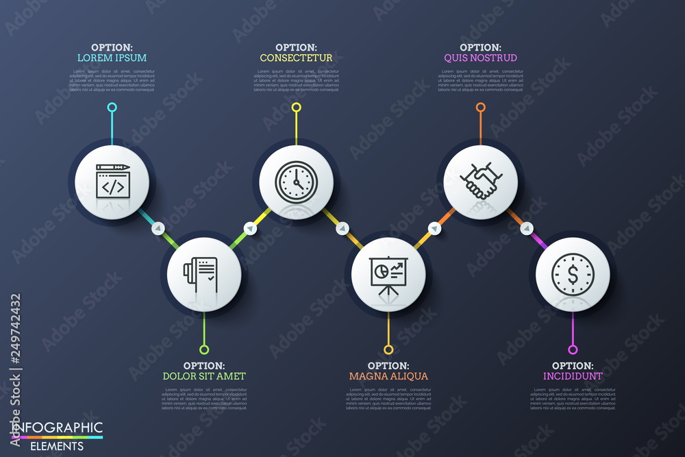Poster six round elements with icons inside placed in zigzag course and connected by lines and play buttons