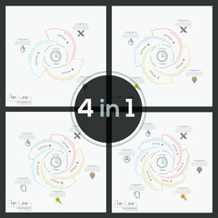 Set of four circular charts with 3, 4, 5 and 6 spiral elements swirling around center, thin line symbols and text boxes. Modern infographic design templates. Vector illustration for presentation.