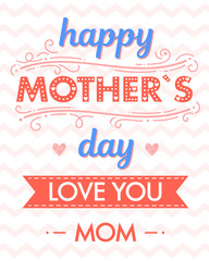 Happy Mothers Day typography with zig zag background,ribbon and hearts.Seasons greetings card perfect for prints,banners,invitations,special offer and more.Vector Mothers Day card.