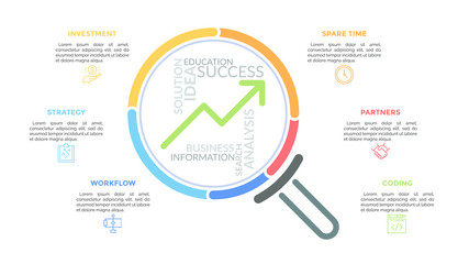 Magnifying glass with upward graph and word cloud inside surrounded by thin line icons and text boxes. Concept of growth and development. Unique infographic design template. Vector illustration.