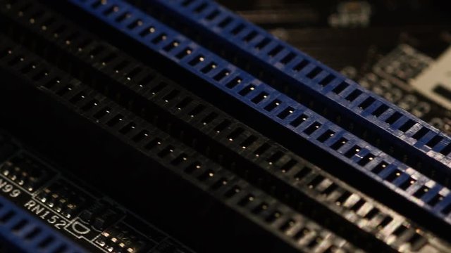 Ram soket on motherboard, close up, selective focus.