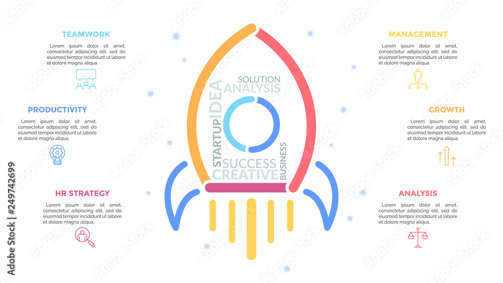 Poster flying spacecraft drawn with colorful lines and surrounded by pictograms and text boxes. concept of 