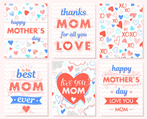 Set of creative Mothers Day cards.Hand drawn lettering with hearts,clouds,zig zag background,hugs and kisses,ribbons.Seasons greetings cards perfect for prints, flyers,banners,invitations.