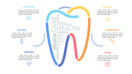 Multicolored lines forming tooth sign surrounded by linear icons and text boxes. Concept of healthcare, dental health and medical service. Modern infographic design template. Vector illustration.