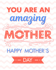 Happy Mothers Day typography with zig zag background,ribbon and hearts.Seasons greetings card perfect for prints,banners,invitations,special offer and more.Vector Mothers Day card.