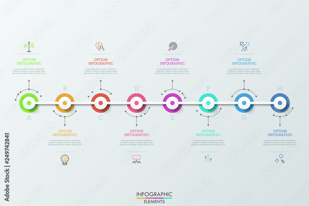 Poster eight futuristic circular elements placed horizontally and connected, thin line symbols and text box