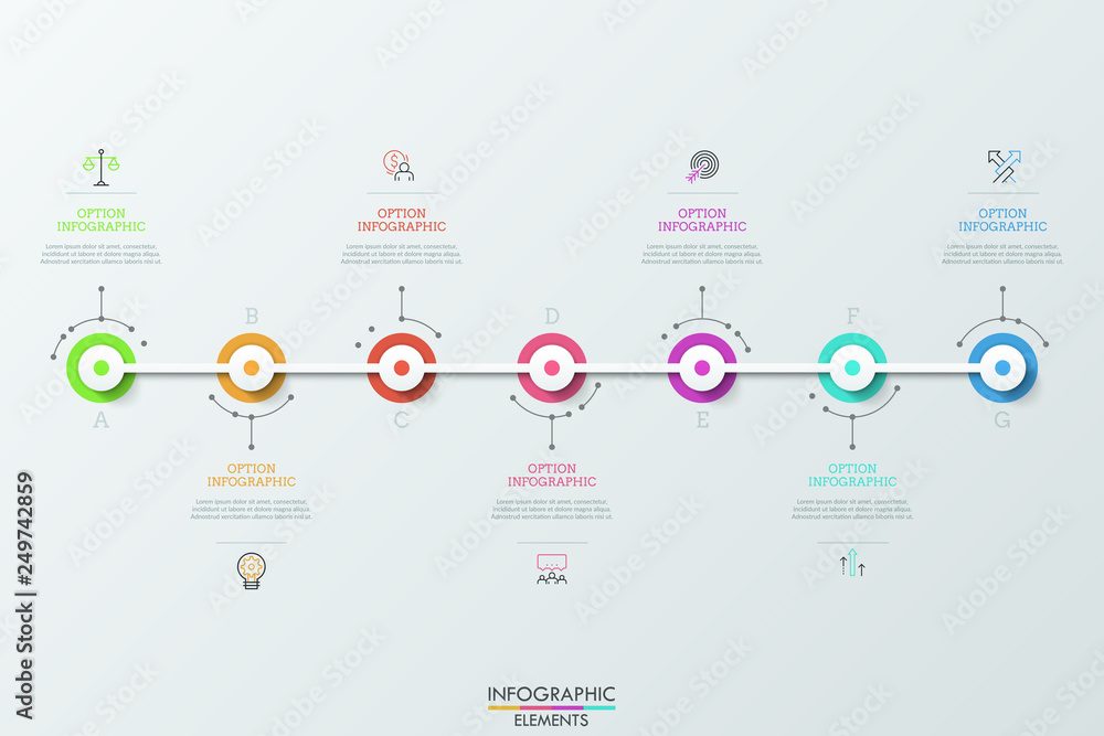 Poster seven multicolored round elements connected by white horizontal line, linear pictograms and text box