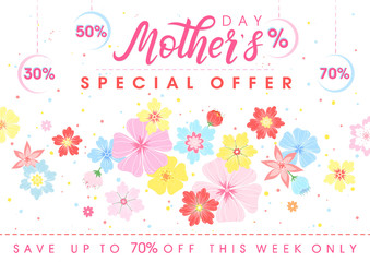 Mothers Day special offer.Mothers Day - Hand painted lettering with floral elements, flowers and confetti.Mothers Day sale banner perfect for prints,flyers,cards,promos,advertising and more.