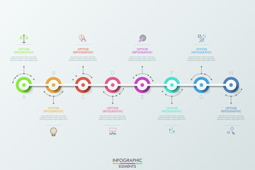 Fototapeta na wymiar Eight futuristic circular elements placed horizontally and connected, thin line symbols and text boxes. Concept of 8 steps to goal achievement. Modern infographic design layout. Vector illustration.