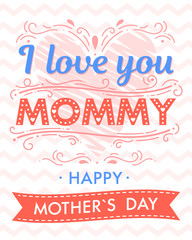 Happy Mothers Day typography with zig zag background,ribbon and hearts.Seasons greetings card perfect for prints,banners,invitations,special offer and more.Vector Mothers Day card.